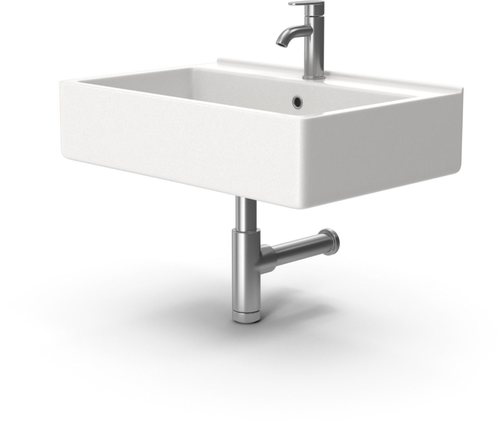 Lavandino bianco completo di rubinetto e scarico in metallo.